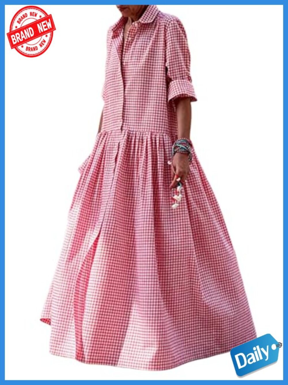 Swing Maxi Dress Plaid Cotton Button Down Long Sleeve - Picture 1 of 1